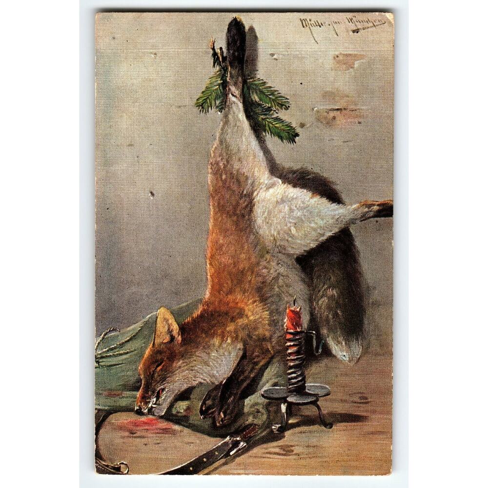 Vintage Muller Signed Artist Card Fox Hunting Still Life Postcard